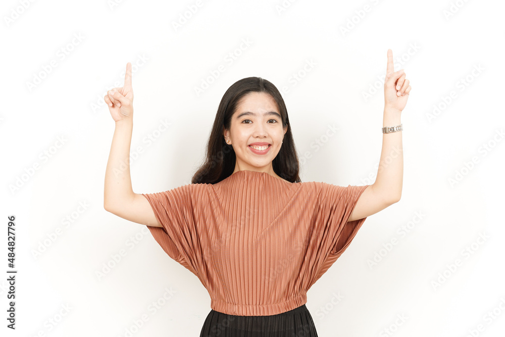 Showing Product and Pointing Up Of Beautiful Asian Woman Isolated On White Background Showing Product and Pointing Up Of Beautiful Asian Woman Isolated On White Background