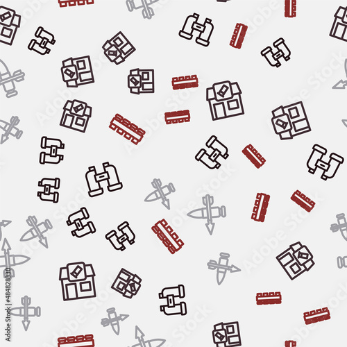 Set line Binoculars, Hunting shop, Crossed bullet with arrow and cartridge belt on seamless pattern. Vector