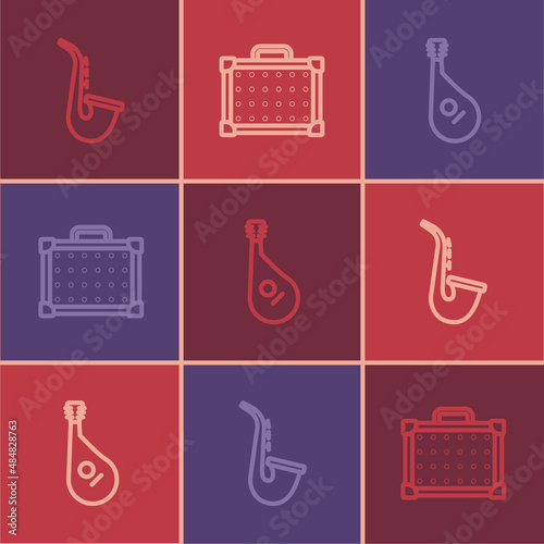 Set line Saxophone, Bandura and Guitar amplifier icon. Vector