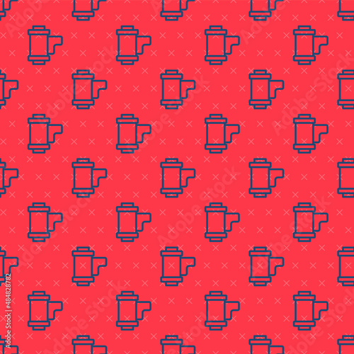 Blue line Camera vintage film roll cartridge icon isolated seamless pattern on red background. 35mm film canister. Filmstrip photographer equipment. Vector