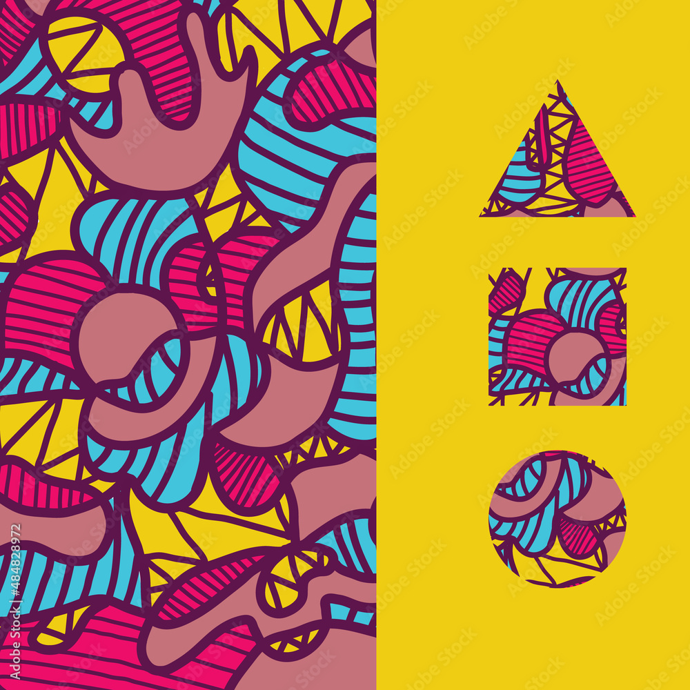 Abstract, bright, hand-drawn background with geometric elements, circle, square, triangle. Abstract, bright, hand-drawn background with geometric elements, circle, square, triangle.