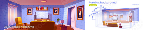 Living room interior with glowing tv screen and rear view to sofa. Vector parallax background for 2d animation with cartoon illustration of lounge room with yellow couch, chair and plasma television