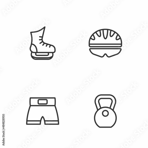Set line Weight, Boxing short, Skates and Bicycle helmet icon. Vector