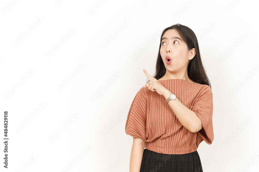 Showing Product and Pointing Side Of Beautiful Asian Woman Isolated On White Background Showing Product and Pointing Side Of Beautiful Asian Woman Isolated On White Background