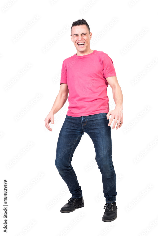 Cheerful man laughing with closed eyes. White background Cheerful man laughing with closed eyes. White background