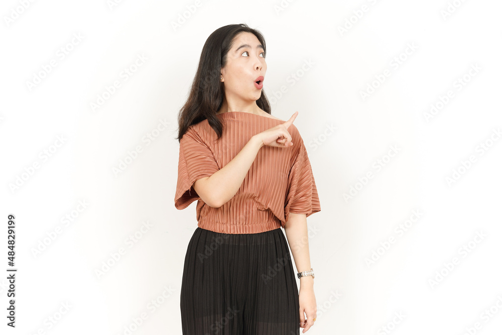 Showing Product and Pointing Side Of Beautiful Asian Woman Isolated On White Background Showing Product and Pointing Side Of Beautiful Asian Woman Isolated On White Background