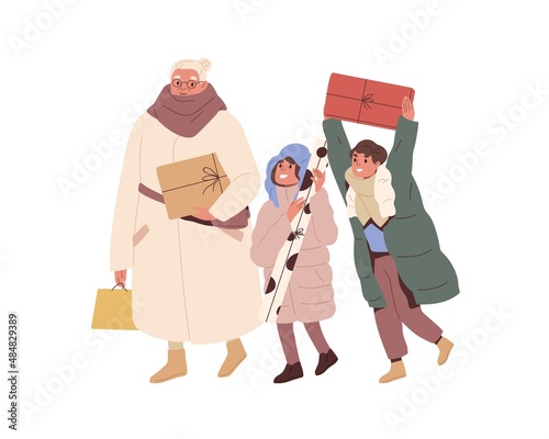 Happy granny and kids go with Christmas gifts in hands after winter shopping. Grandmother and children walk and hold present boxes for holidays. Flat vector illustration isolated on white background