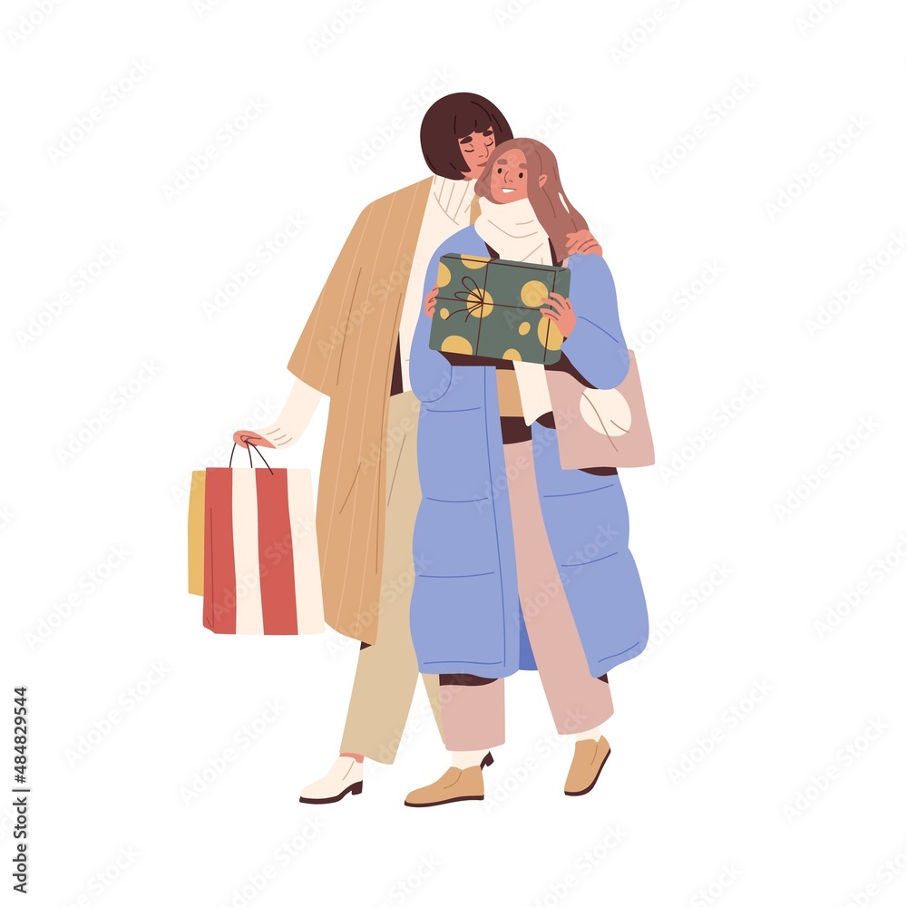 Women couple walking with presents and shopping bags. Girlfriends carrying gift boxes for winter holiday. Happy female going at Christmas eve. Flat vector illustration isolated on white background Women couple walking with presents and shopping bags. Girlfriends carrying gift boxes for winter holiday. Happy female going at Christmas eve. Flat vector illustration isolated on white background