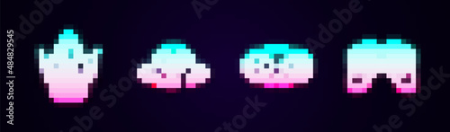 Set line Augmented reality AR, 360 degree view, Virtual glasses and Gamepad. Glowing neon icon. Vector