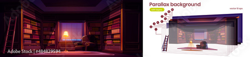 Parallax background luxury old library interior at night. 2d dark room for reading with books on wooden shelves, ladder, lamp, cozy armchair, separated layers for game animation, Vector illustration