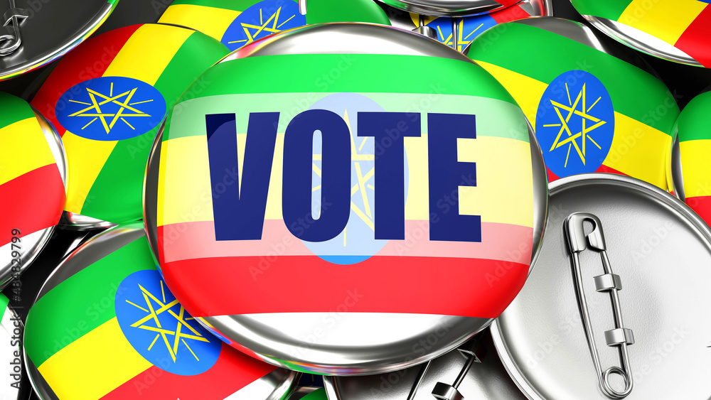 Naklejka premium Ethiopia and Vote - dozens of pinback buttons with a flag of Ethiopia and a word Vote. 3d render symbolizing upcoming Vote in this country., 3d illustration