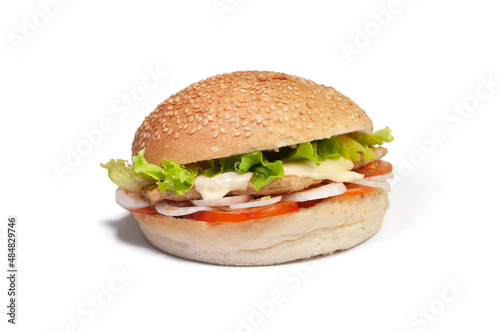 Fresh tasty burger with turkey, cheese and sesame seed bun isolated on white background