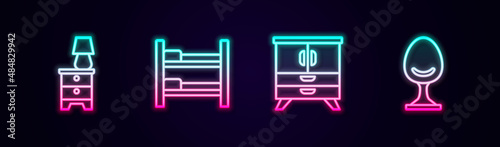 Set line Furniture nightstand with lamp, Bunk bed, Chest of drawers and Armchair. Glowing neon icon. Vector