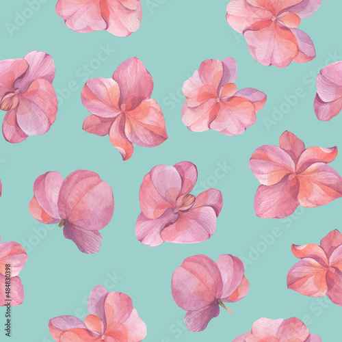Watercolor seamless pattern of orchid flowers. Abstract background for design, wallpapers, wrapping paper. Orchid flowers ornament on a bright background.