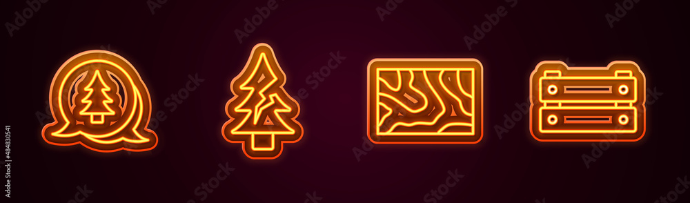 Set line Tree, Wooden beam and box. Glowing neon icon. Vector Set line Tree, Wooden beam and box. Glowing neon icon. Vector