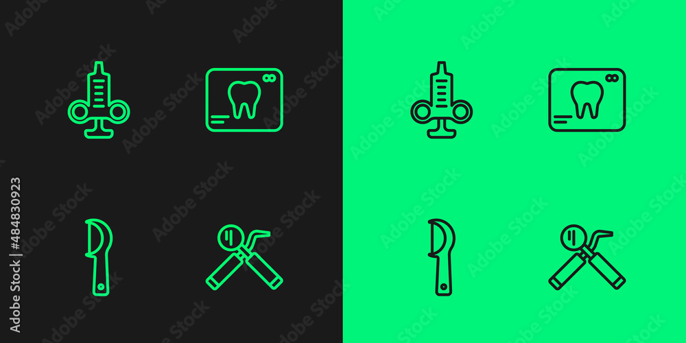 Set line Dental mirror and probe, floss, Syringe and X-ray of tooth icon. Vector Set line Dental mirror and probe, floss, Syringe and X-ray of tooth icon. Vector