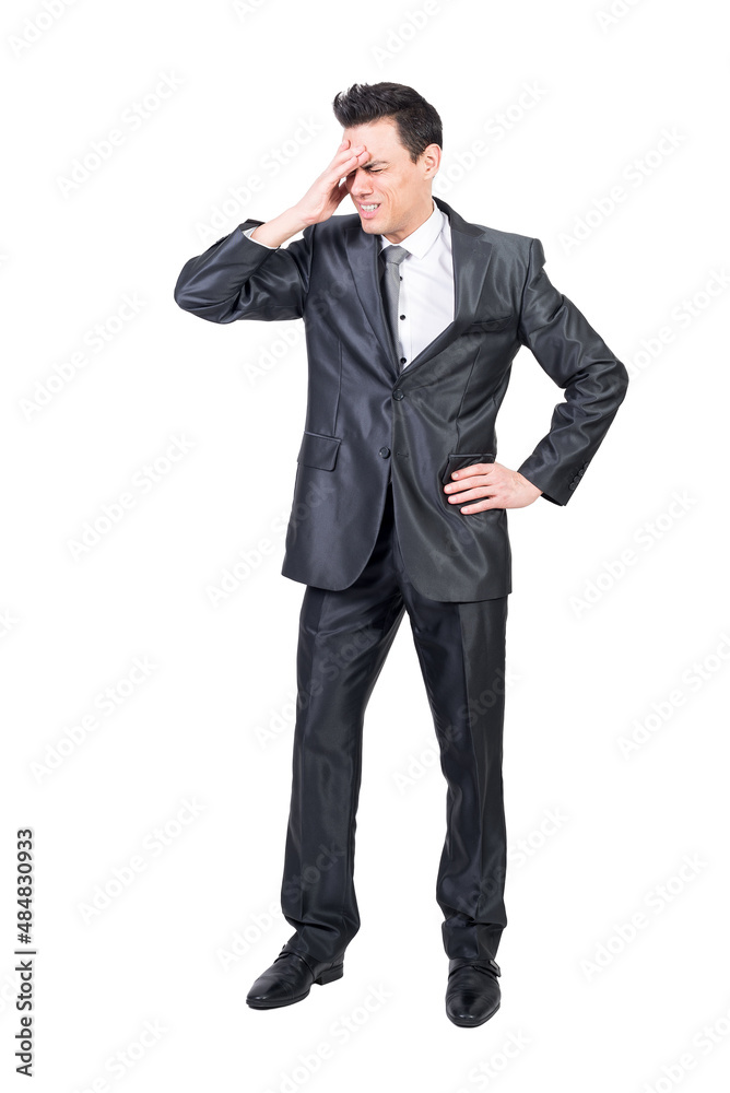 Man in suit suffering from headache. White background.