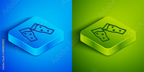 Isometric line Glass of beer icon isolated on blue and green background. Square button. Vector