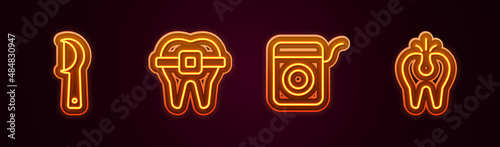 Set line Dental floss, Teeth with braces, and Broken tooth. Glowing neon icon. Vector