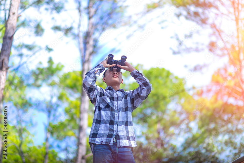 A man uses binoculars while standing at the forest. Environmental studies. A man uses binoculars while standing at the forest. Environmental studies.