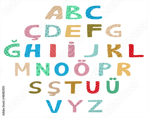 Alphabet in Turkish for a child. Set. ABC. Translation: Letters of the alphabet from A to Z. Design for typography, banners, cards and more. Flat vector style.