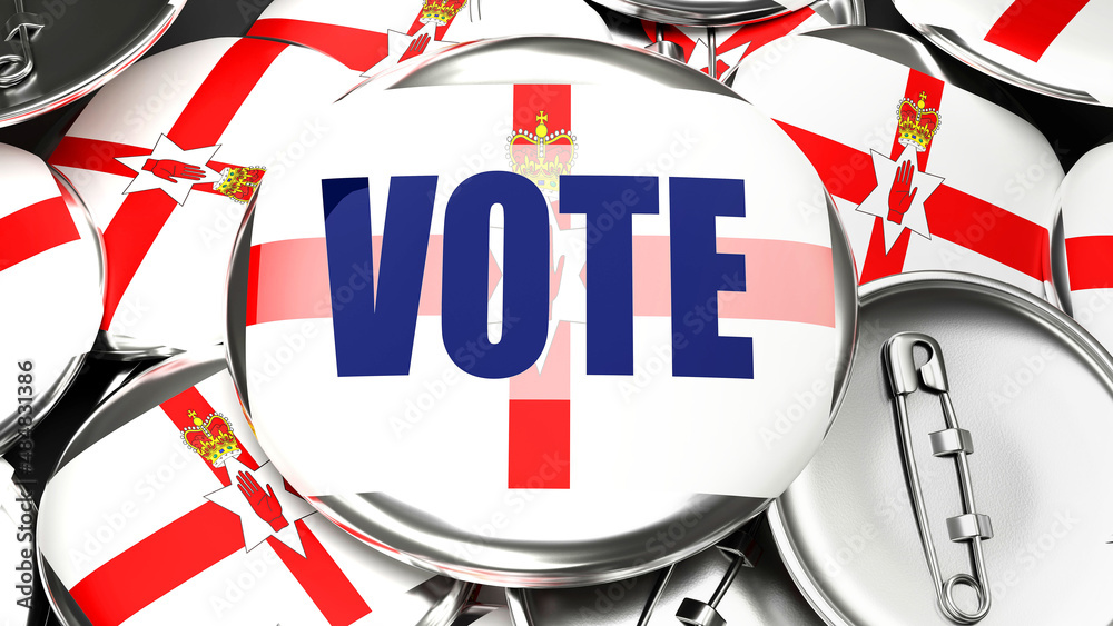 Fototapeta premium Northern Ireland and Vote - dozens of pinback buttons with a flag of Northern Ireland and a word Vote. 3d render symbolizing upcoming Vote in this country., 3d illustration