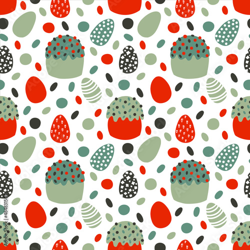 Easter seamless pattern with eggs and cakes, vector illustration, white background © Koo Mari