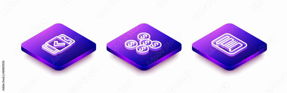 Set Isometric line Mobile shopping, Dollar symbol and Barcode icon. Vector Set Isometric line Mobile shopping, Dollar symbol and Barcode icon. Vector