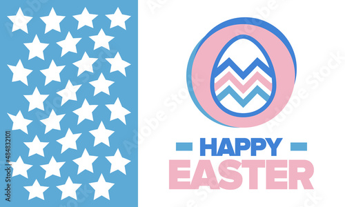Happy Easter in April. Christian spring holiday in honor of the resurrection of Christ. Biblical history. Traditional dyeing eggs with patterns, fun game for children searching for easter eggs. Vector