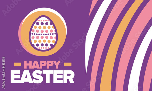 Happy Easter in April. Christian spring holiday in honor of the resurrection of Christ. Biblical history. Traditional dyeing eggs with patterns, fun game for children searching for easter eggs. Vector