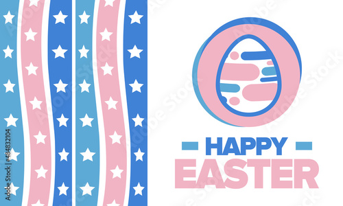 Happy Easter in April. Christian spring holiday in honor of the resurrection of Christ. Biblical history. Traditional dyeing eggs with patterns, fun game for children searching for easter eggs. Vector
