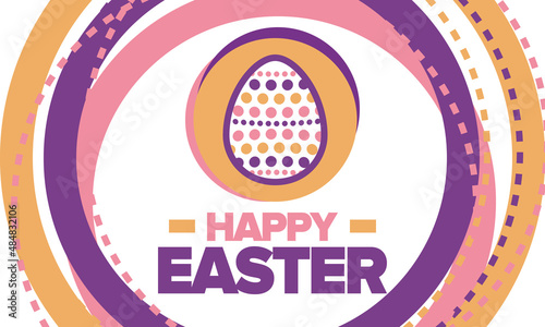 Happy Easter in April. Christian spring holiday in honor of the resurrection of Christ. Biblical history. Traditional dyeing eggs with patterns, fun game for children searching for easter eggs. Vector