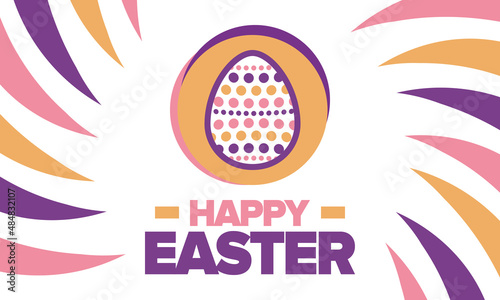 Happy Easter in April. Christian spring holiday in honor of the resurrection of Christ. Biblical history. Traditional dyeing eggs with patterns, fun game for children searching for easter eggs. Vector