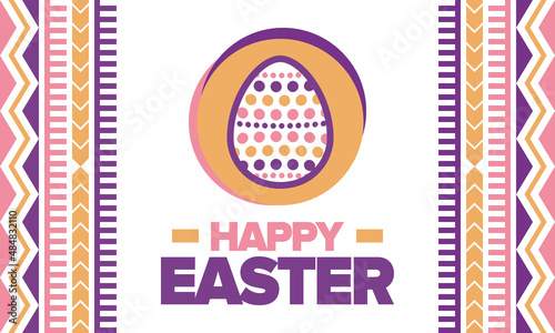 Happy Easter in April. Christian spring holiday in honor of the resurrection of Christ. Biblical history. Traditional dyeing eggs with patterns, fun game for children searching for easter eggs. Vector
