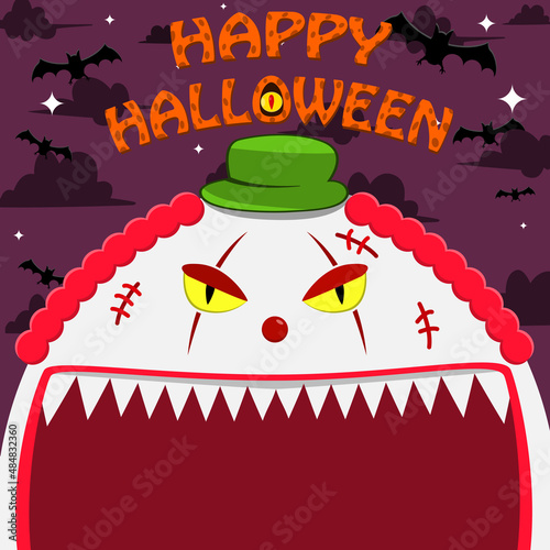 Halloween Character Design. With Creepy Clown Character. Big Face and Open Mouth. In Grave field. Happy Halloween Theme.