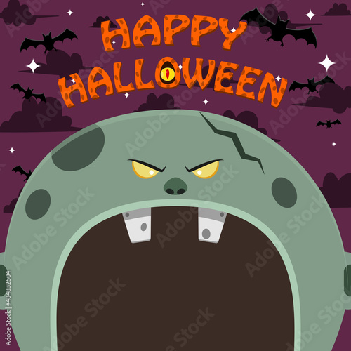 Halloween Character Design. With Grey Zombie Character. Big Face and Open Mouth. In Grave field.. Happy Halloween Theme.