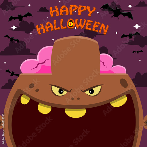 Halloween Character Design. With Brown Zombie Character. Big Face and Open Mouth. In Grave field. Happy Halloween Theme.