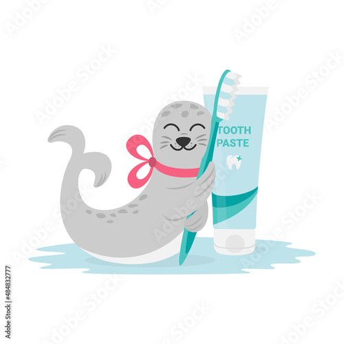 Cute smiling baby fur seal with red bow around its neck hugging toothbrush. Concept of personal hygiene and health for children. Dental care. Flat design vector illustration