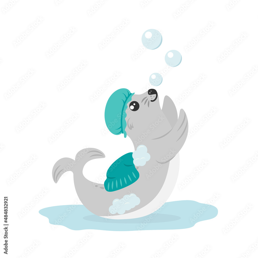 Cute smiling baby fur seal in shower cap playing with bubbles in bathroom. Concept of personal hygiene and health for kids. Flat design vector illustration Cute smiling baby fur seal in shower cap playing with bubbles in bathroom. Concept of personal hygiene and health for kids. Flat design vector illustration