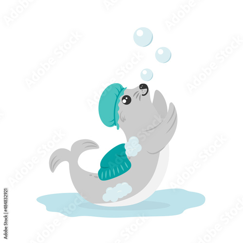 Cute smiling baby fur seal in shower cap playing with bubbles in bathroom. Concept of personal hygiene and health for kids. Flat design vector illustration