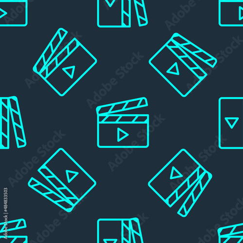 Green line Movie clapper icon isolated seamless pattern on blue background. Film clapper board. Clapperboard sign. Cinema production or media industry. Vector