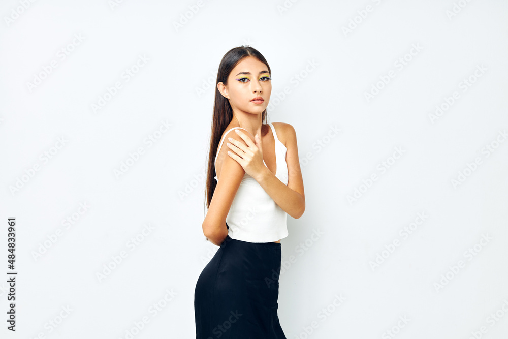 young woman attractive look fashion posing isolated background unaltered young woman attractive look fashion posing isolated background unaltered