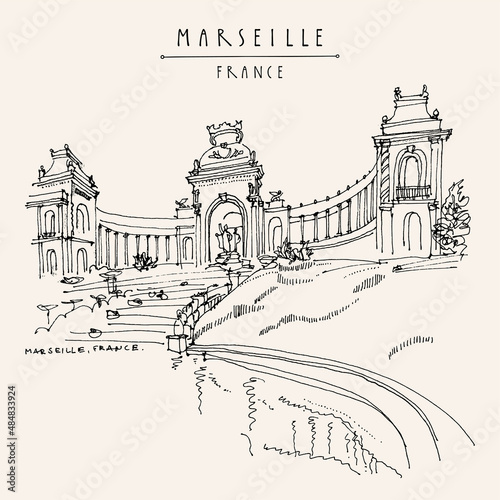 Vector Marseille, France postcard. Palais Longchamps. French tourism hand drawing. Retro style artistic travel linear sketch. Vintage hand drawn touristic postcard, poster, line art book illustration