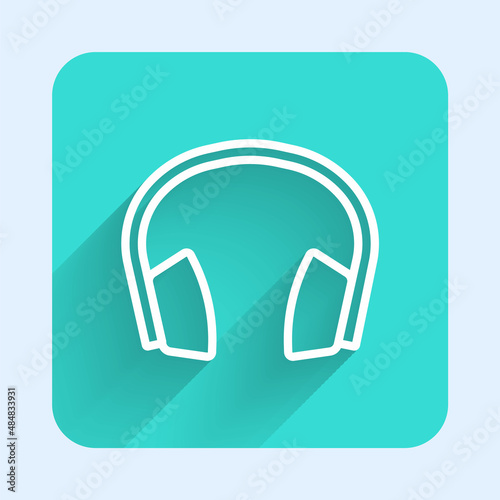 White line Noise canceling headphones icon isolated with long shadow background. Headphones for ear protection from noise. Green square button. Vector