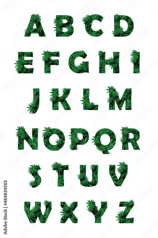 The English alphabet is complete, 26 letters highlighted on a white background. Stylized as a collage of a photo of a lupin flower leaf. Concept: graphic design, decorated font. The English alphabet is complete, 26 letters highlighted on a white background. Stylized as a collage of a photo of a lupin flower leaf. Concept: graphic design, decorated font.