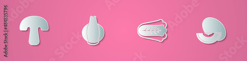 Set paper cut Mushroom, Onion, Cabbage and Melon fruit icon. Paper art style. Vector