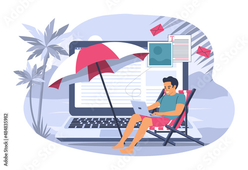 Downshifting concept. Young man working remotely creating content. Vector illustration.