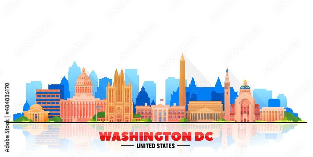 Naklejka premium Washington DC, (USA) city skyline vector illustration on sky background.Business travel and tourism concept with modern buildings. Image for presentation, banner, website. 