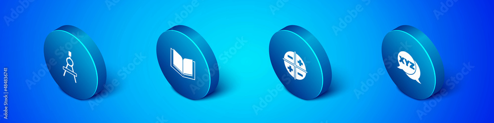 Set Isometric Drawing compass, XYZ Coordinate system, and Open book icon. Vector Set Isometric Drawing compass, XYZ Coordinate system, and Open book icon. Vector