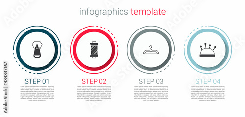 Set Zipper, Sewing thread on spool, Hanger wardrobe and Needle bed and needles. Business infographic template. Vector